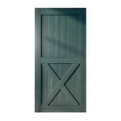 an open wooden door with a cross design on the top and bottom panel, in dark green