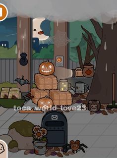 an animated halloween scene with pumpkins and other items