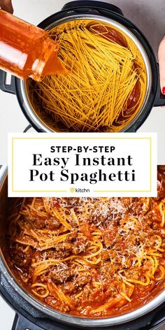 spaghetti being cooked in a pot with the words step - by - step easy instant pot spaghetti