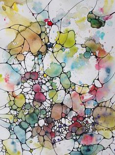 an abstract painting with lots of different colors and shapes on it's surface, including watercolors