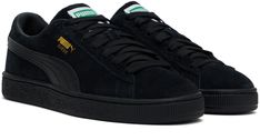 Handcrafted low-top suede sneakers in black. · Lace-up closure · Logo patch at padded tongue · Padded collar · Logo stamp at outer side and heel tab · Formstrip at sides · Perforated detailing at sides · Buffed faux-leather lining · Logo embossed at heel · Textured rubber midsole · Treaded rubber sole Supplier color: Puma black/Puma black Puma Logo Low-top Suede Sneakers, Puma Suede Low-top Sneakers, Puma Low-top Suede Sneakers, Low-top Suede Sneakers With Puma Logo, Low-top Suede Puma Sneakers, Puma Logo Suede Sneakers For Sports, Puma Suede Sneakers For Sports, Suede Puma Sneakers For Sports, Low-top Leather Skate Shoes With Puma Logo