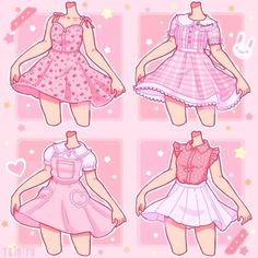 four different types of dresses on display in front of a pink background with stars and hearts