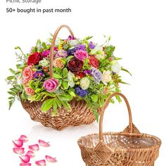 a basket with flowers in it next to some petals on the ground and another basket that is filled with flowers