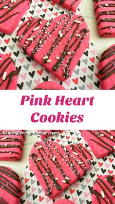 pink heart cookies with chocolate drizzle and sprinkles on the top