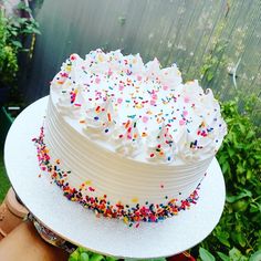 a white frosted cake with sprinkles on top