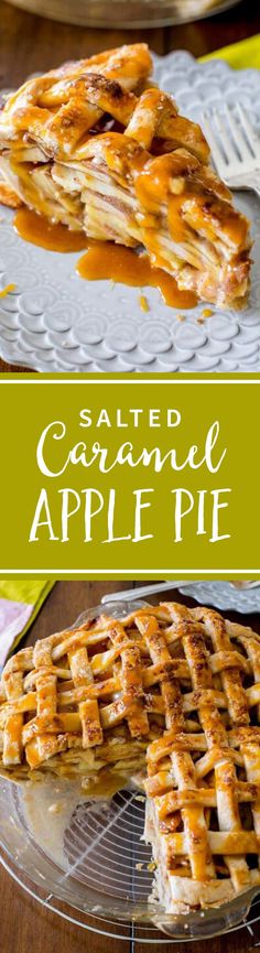 salted caramel apple pie on a plate with the crust cut out and ready to be eaten