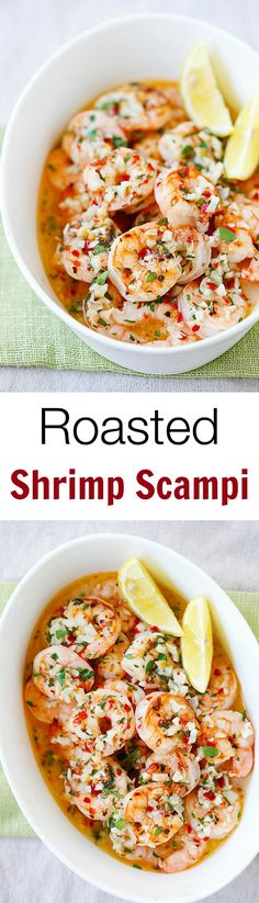 two pictures of shrimp scampi in a white bowl with lemon wedges on the side