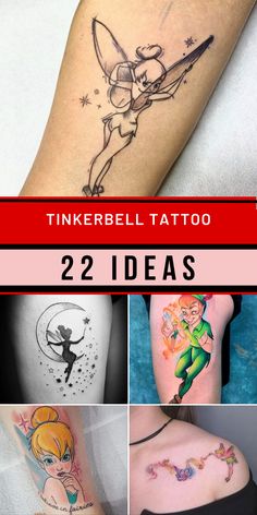 some tattoos that are on the arm and behind them is an image of tinkerbell tattoo