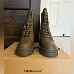 New In Box Aldo Army Style Boots 7.5 Never Worn. Smoke Free/ Pet Free Home Army Style, Army Fashion, Style Boots, Aldo Shoes, Moto Boots, Size 7, Pet, Boots, Green