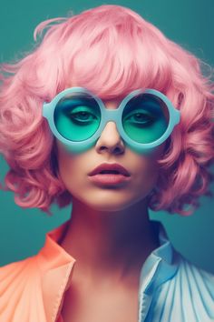 a woman with pink hair and blue sunglasses