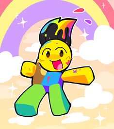 a cartoon character is flying through the sky with a rainbow in his hand and clouds behind him