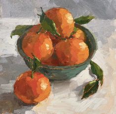 a painting of oranges in a green bowl