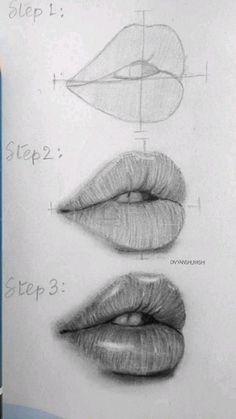 pencil drawings of different lips and the steps to draw them on paper with marker pens