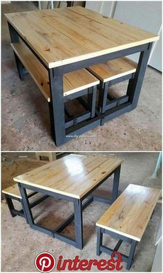 two pictures of the same table and bench made out of pallet wood with metal legs