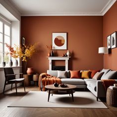 a living room with orange walls and furniture