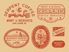 several different types of coffee logos on a beige background with red and white lettering that says serpent coffee, night & service, night 3 service, long island,