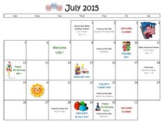 the july calendar is filled with pictures and words