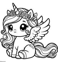 a cute little pony with wings and flowers on it's head, sitting down