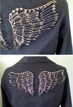 the back and side of a jacket with metal wings on it