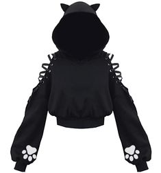 PRICES MAY VARY. Womens Girls Cute unique cat ear design,cat ear hoodies,long sleeves, loose fit, round neckline,casual style, chic hollow lace design on sleeves Material: 90%Polyester &10%Spandex Fashion womens cat ear hoodies are suitable for daily wearing, party , work, sport, holiday, Halloween and Christmas Day etc. Hand wash or machine wash recommended, no bleaching Please read the size chart before order Women's Girl's Cat Ear Hoodie Pullover Long Sleeve Off Shoulder Cute Crop Top Hoodies Designer Hoodies Women, Stylish Hoodie Outfit Women, Cat Clothes For Women, Draincore Fashion, Emo Things To Buy, Cute Emo Clothes, Unique Clothing Pieces, Hoodie Sleeve Design, Outfit Ideas With Hoodies