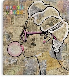 a drawing of a woman's face with glasses on top of newspaper pages,