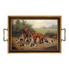 a painting with dogs and horses on the ground in front of a man standing next to them