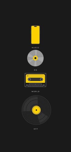 a black and yellow poster with various types of audio equipment on it's sides