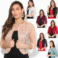 Trendy Fashion Women Ladies Lace Shrug Bolero Crop Top Open Wrap Jacket Evening Party Wedding, Womens-jacket Elegant Pink Cardigan For Party, Elegant Pink Party Cardigan, Elegant Fitted Outerwear For Celebration, Jacket Dresses For Women, Lace Shrug, Black Dresses Classy, Bridal Jacket, Wrap Jacket, Corded Lace