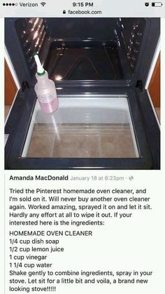 an open oven door with a bottle of cleaner on the inside and instructions to clean it