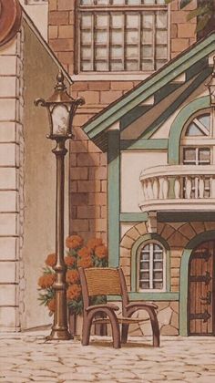 a drawing of a house with a bench and lamp post