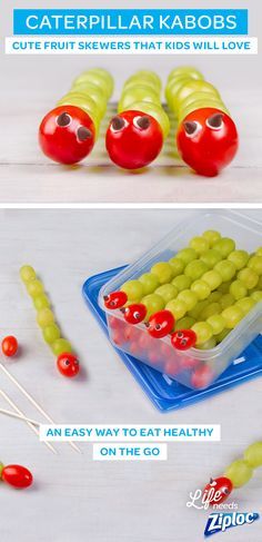 two pictures showing different types of food in plastic containers and on the go instructions for making caterpillar kabobs