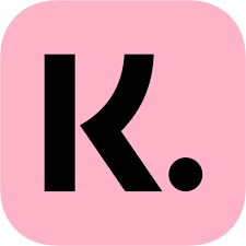 a pink square with the letter k in black on it's center and bottom corner