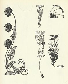 an old book with some flowers and vines drawn on the pages, including one in black ink