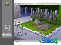 an image of a small garden with rocks and grass in the center, surrounded by purple flowers