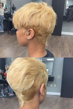 Blonde Natural Short Hair Black Women, Pixie Silk Press Natural Hair, Pixie Shaved Back, Ducktail Haircut For Women, Pixie Haircut Mohawk, Edgy Short Hair Black Women, Tapered Relaxed Hair Short, Short Blonde Haircuts Pixie, Pixie Hairstyles Color Ideas