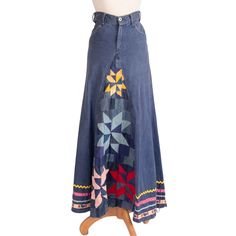 Cotton denim maxi skirt from the 1970s! Includes quilted geometric patterns and colorful borders around sweep. Material is weighted and thick; perfect for a chilly day! Measurements Waist: 26-28" Hips: 36" Length: 39" Condition: Great; some seams coming undone on borders (See image) Colorful Borders, Denim Maxi, Denim Maxi Skirt, Vintage Cotton, Geometric Patterns, Vintage Patterns, American Vintage, Etsy Vintage, Denim Skirt