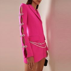 Holly Pink Oversized Blazer with Rhinestone Bowtie and Pearl Chain - ALLARA Womens Dress Suits, Outfit Trends, Mode Inspo, Long Sleeve Blazers, Cutout Dress, Pink Outfit, Mode Vintage, Mode Inspiration, Stylish Fashion