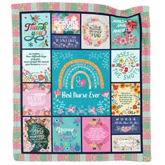 a blanket with many different designs and words on the front, along with an image of a rainbow