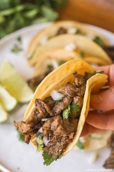 a person holding up a taco with meat and cilantro on the side