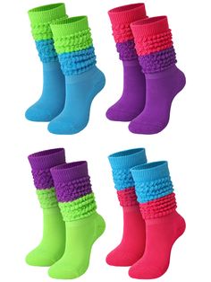 PRICES MAY VARY. polyester Imported Hand Wash Only Retro Style: 4 pairs of slouch socks women in different colors are included in the package, each pair of socks has two different color designs, classic elements of 80s style, creating a fun atmosphere at your neon party Bring Different Charms: the colorful slouch socks are full of 1980s retro flavors and can help you create a variety of stylish and charming looks; You can stretch them to knee heights or stack them at the ankle and calf parts, br Scrunchie Socks, Stacked Socks, 80s Socks, Knit Scrunchie, Soft Neon, Slouch Socks, Earth Tone Color, 80s Style, Socks For Women