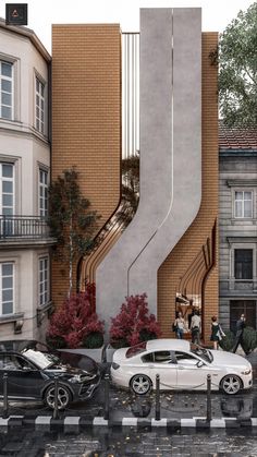 a white car parked in front of a tall building