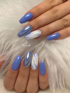 Summer Coffin Nail Ideas, Marble Blue Nails, Blue Holographic Nails, Blue Marble Nails, Holographic Nail Designs, Teen Nails, Blue Coffin Nails, Glitter Nails Acrylic, November Nails