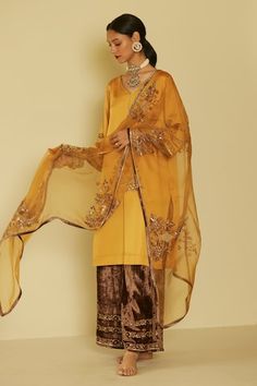 Yellow organza silk dupatta with floral hand embroidery - Aza Fashions Tissue Silk Salwar Kameez With Dupatta For Reception, Reception Palazzo Set With Zari Work In Organza, Organza Palazzo Set With Zari Work For Reception, Raw Silk Dupatta With Gota Work For Reception, Chanderi Dupatta With Dabka Work For Reception, Reception Tissue Silk Palazzo Set With Sheer Dupatta, Tissue Silk Palazzo Set With Dupatta For Wedding, Festive Silk Palazzo Set With Sheer Dupatta, Elegant Silk Fabric With Gota Embroidery