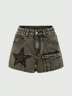 Women's Denim Shorts With Star Pattern, School Grey    Denim Geometric Bermuda Non-Stretch  Women Clothing, size features are:Bust: ,Length: ,Sleeve Length: Cute Jean Shorts, Grunge Shorts, Punk Woman, Star Shorts, Denim Shorts Outfit, Bottoms For Women, Y2k Shorts, Short Denim