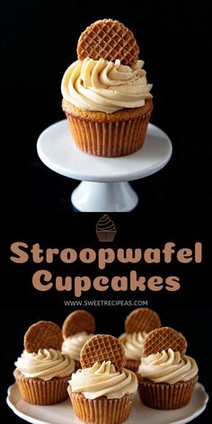 some cupcakes are sitting on a plate with the words, stroopwafel cupcakes