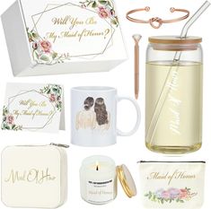 an assortment of personalized items including a candle, tea bag, and coffee mug