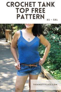 lady wearing a blue crochet tank top using chevron stitches