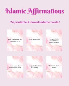 the islamic affirmation cards are shown in pink and white