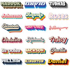 some type of stickers that are all different colors and font styles, including the name