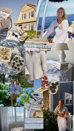 a collage of photos with women in white clothing and blue flowers on the table